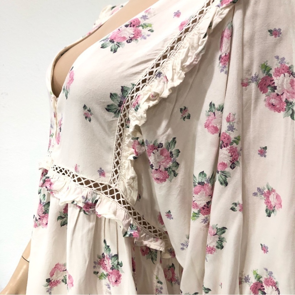 asos floral mini romantic print puff sleeve dress embroidery V-neck button front - Picture 8 of 16